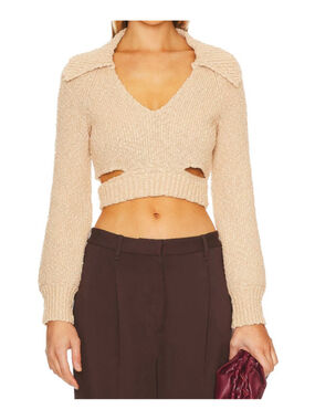 NWT L'Academie Revolve Tan Boucle Cropped Side Cutout Sweater Large